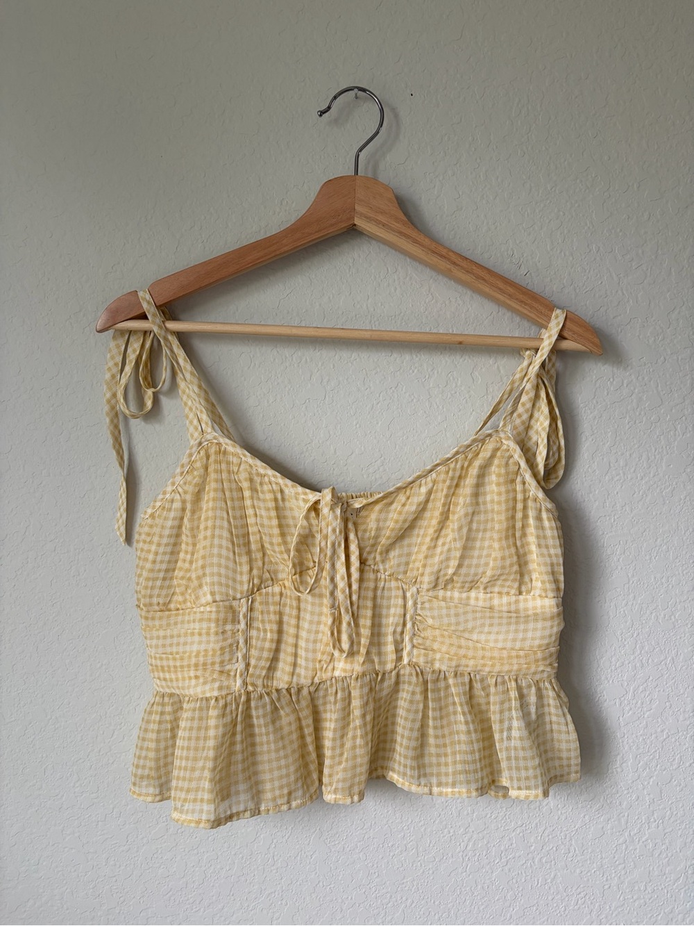 American Eagle Corset Peplum Top Yellow Gingham Tie-Shoulder Size PS Cottagecore